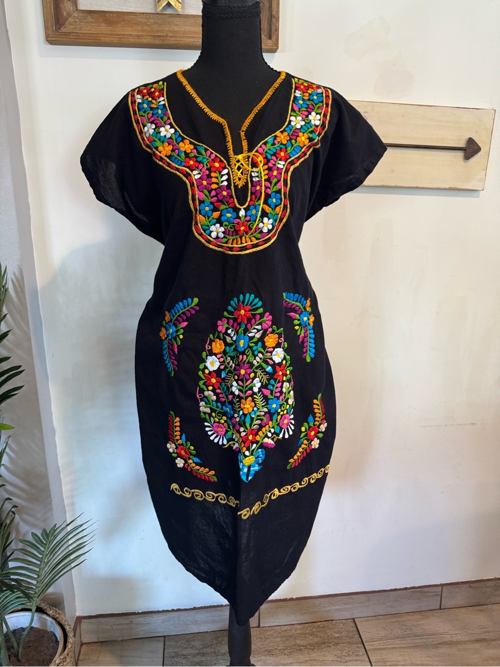 Black Embroidered Mexican-Style Midi Dress - Picture 3 of 5